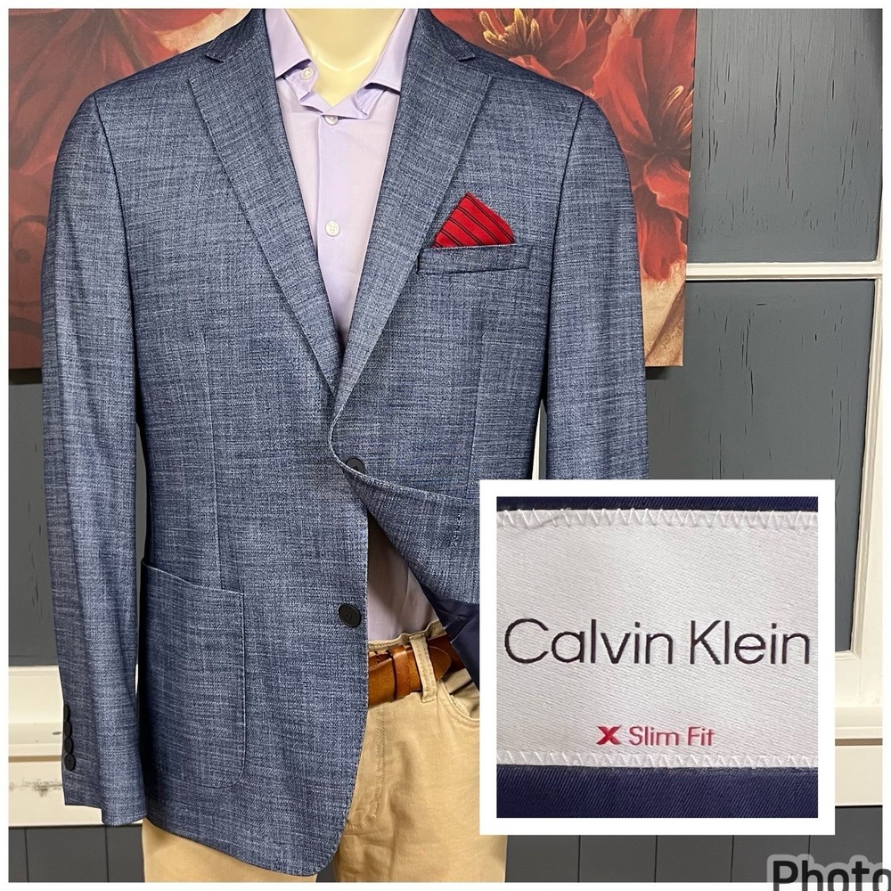 Calvin‎ Klein Blazer Sport Coat Mens 44R Slim Fit Polyester Blend Stretch Blue